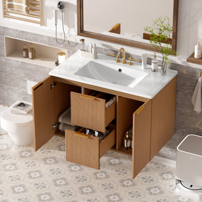 Meuble-lavabo mural 36 po avec lavabo en céramique Aurel, portes à fermeture en douceur et tiroirs divisés Aurel