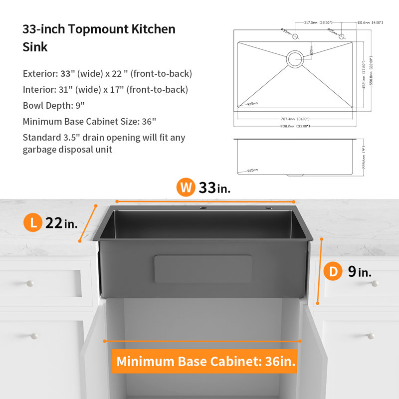 Single Bowl Stainless Steel Kitchen Sink, 33" L x 22" W