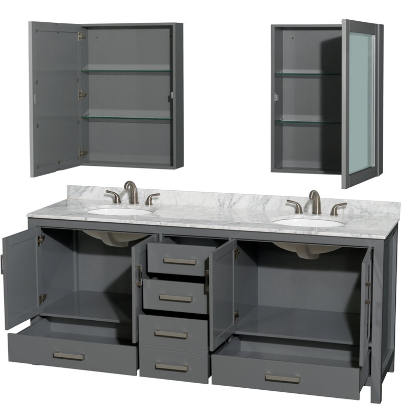 Sheffield 80" Double Bathroom Vanity Set with Mirror and Medicine Cabinet, White Carrara