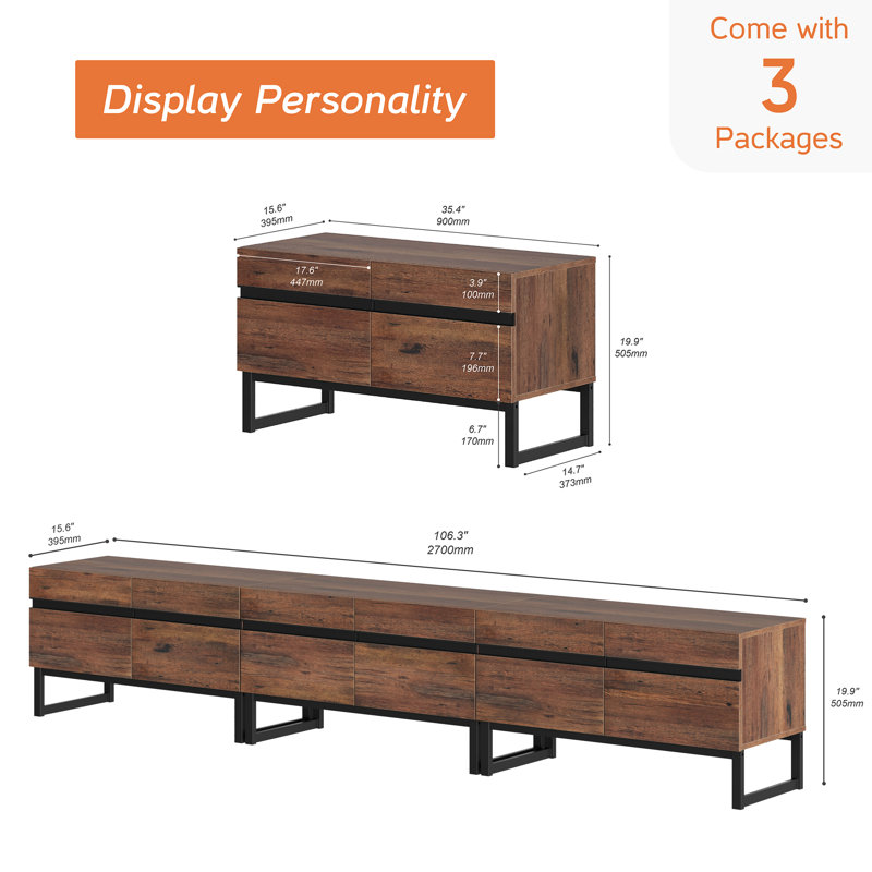 Meuble télé moderne avec armoires de rangement pour téléviseur de 110 po, console multimédia en bois avec pieds en métal pour le salon, brun