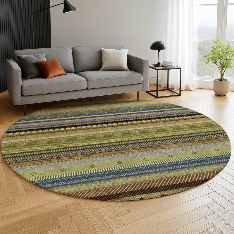 Tapis rayé de qualité supérieure Mayfield, Olive, Rond 8 pi