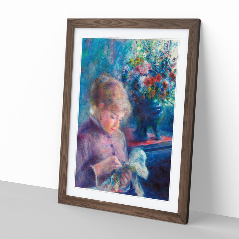 Young Woman Sewing by Pierre-Auguste Renoir - Picture Frame Painting, 65cm H x 48cm W x 2cm D, Walnut Framed