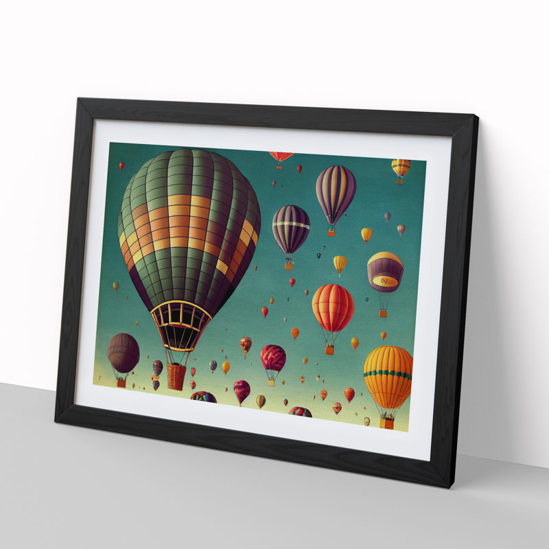 Retro Hot Air Balloons - Single Picture Frame Painting, 34cm H x 46cm W x 2cm D, Black Framed