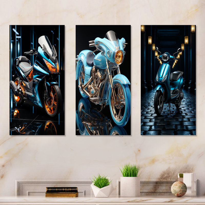 Blue Ride - ensemble d'art mural en métal moto de 3, H 28 po x l 36 po