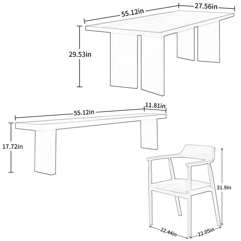 Ensemble de salle à manger Beaufert, H 29,53 po x L 55,12 po x l 27,56 po