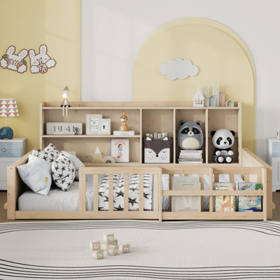 Nestled Full Low Floor Bed with Guardrail Fence and Storage Shelves