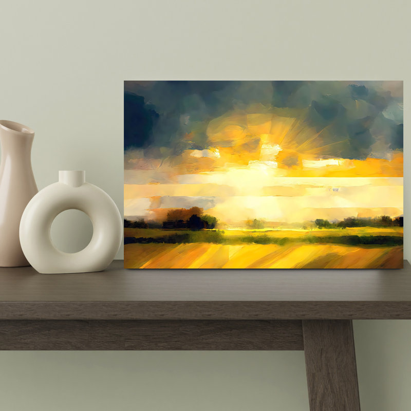 Paysage ensoleillé abstrait contemporain, art dramatique, paysage naturel, 12" H x 18" W