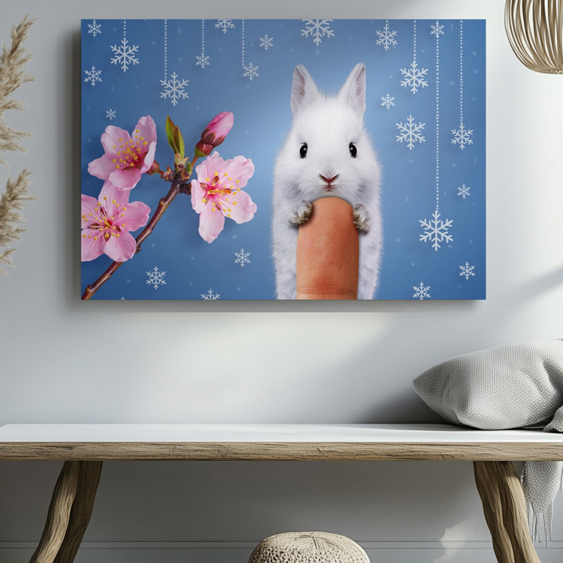 Toile, "Un lapin blanc moelleux délicat avec de grands yeux noirs expressifs, perché sur un doigt d'homme légèrement texturé"