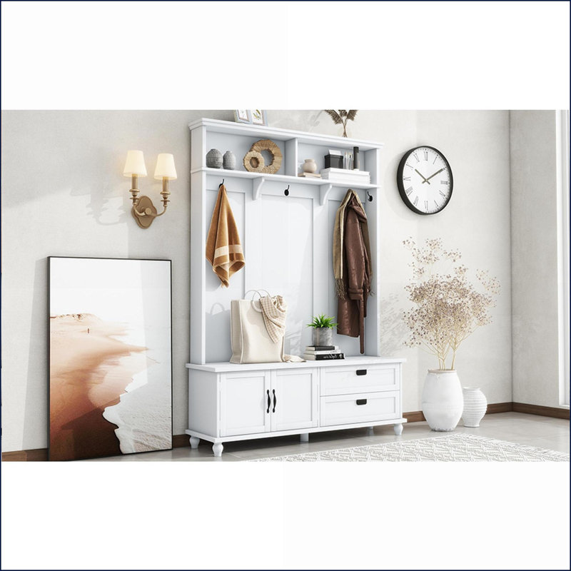 Arbre d'entrée, rangement pour vestibule blanc moderne avec 5 crochets, armoire et amp; 2 tiroirs | Blanc | Panneau de particules