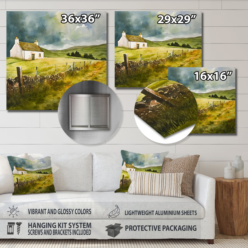 Maison de campagne blanche dans les vertes collines - Paysage, art mural, salon, Métal métal, H 16 po x l 16 po x P 1 po