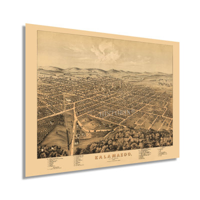 1874 Kalamazoo, carte du Michigan - ancienne carte du Michigan - carte historique de Kalamazoo, Michigan - vue d'oiseau de Kalamazoo, Michigan, affiche d'art mural