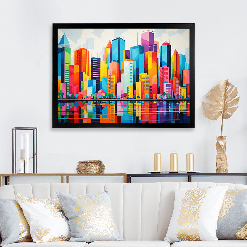 «Pop Miami Cityscape II», reproduction sur toile, H 16 po x l 32 po x P 1 po, Cadre simple noir