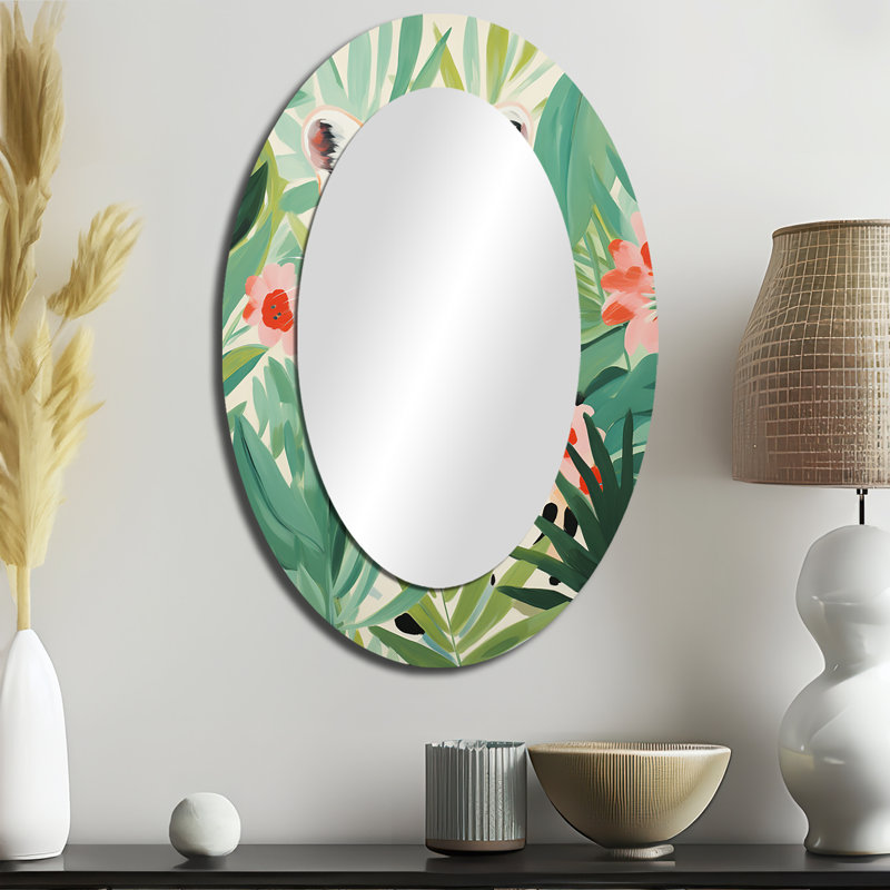Léopard tropical vert et rose II - grand miroir mural ovale sur métal, 36 po x 24 po