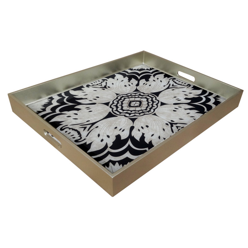 Reverse Painted Mirror Vanity Tray, Medium (2.6" H x 11" W x 15.8" L), Yellow