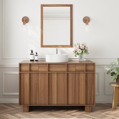 47 Inch Freestanding Wood Bathroom Vanity with Round White Ceramic Vessel Sink, Walnut Wood Bathroom Cabinet with Multi Drawers and Storage Doors, Rustic Walnut Single Sink Bathroom Vanity for Bathroom