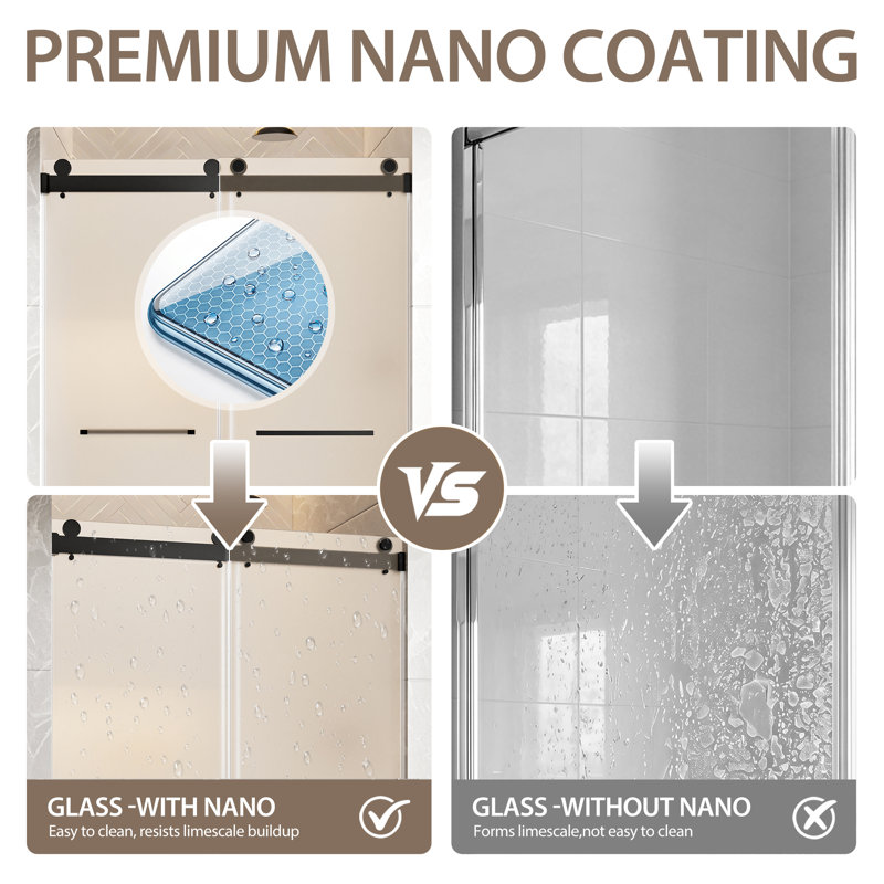 56–60" W x 60" H Frameless Double Sliding Tub Door, 5/16" (8mm) Nano Clear Tempered Glass with Safety Film, Stainless Steel Hardware, Matte Black