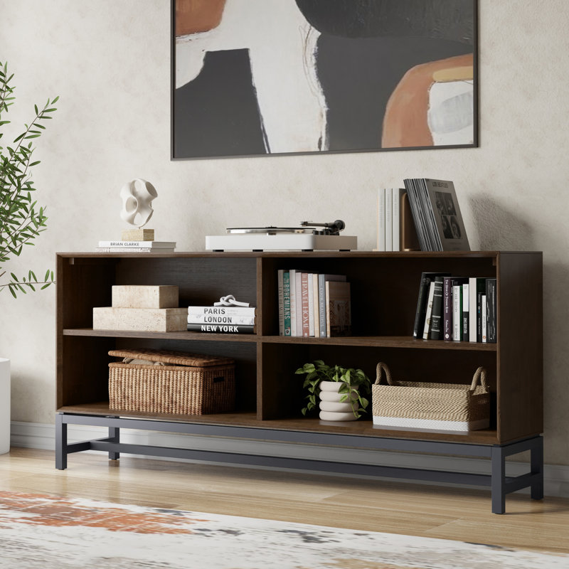 Banting 30"H Solid Wood Modern Industrial Low Bookshelf with Wide Frame and Metal Base