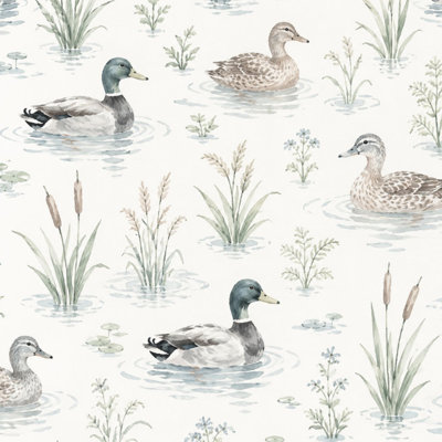 Papier peint auto-adhésif à peler et coller avec des canards d'herbe des zones humides, des canards colverts, des papiers de contact, une décoration murale auto-adhésive amovible pour armoires de cuisine de chambre à coucher 17,7 po x 118 po