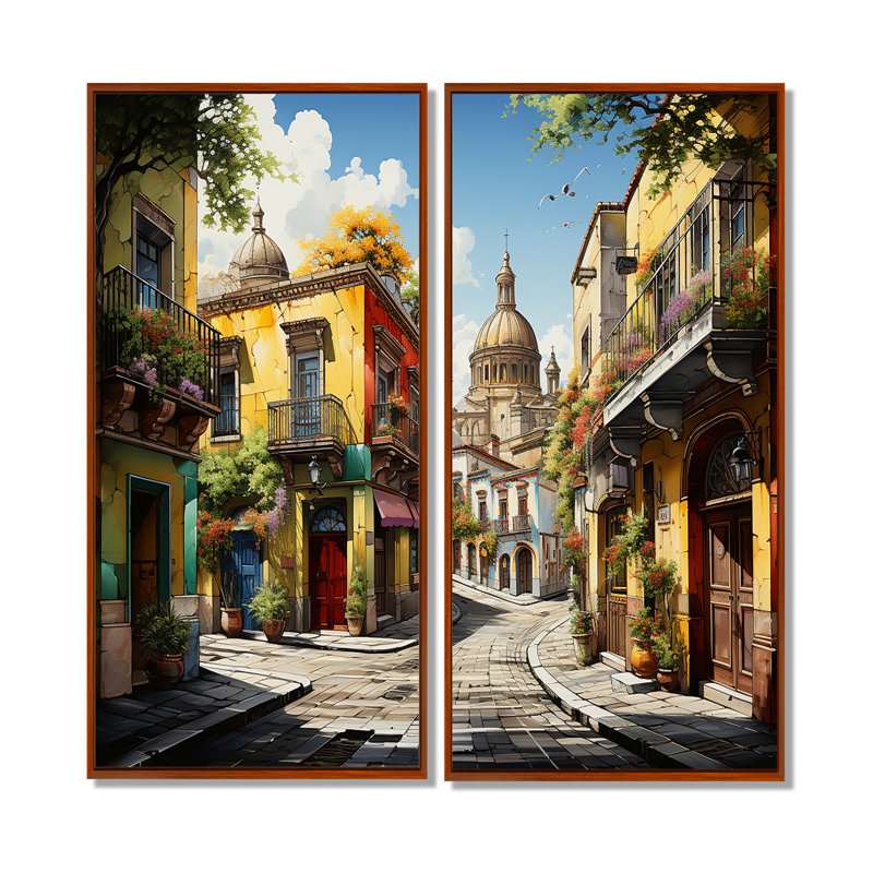 «Mexico Fiesta City II», art mural jaune, 20" H x 24" W, Framed Print without Mat, Brown
