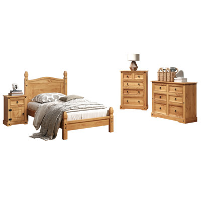 Enye 4 Piece Bedroom Set, One Nightstand, One Bed, One Large Dresser & One Wide Chest Solid Wood Rustic Farmhouse Style