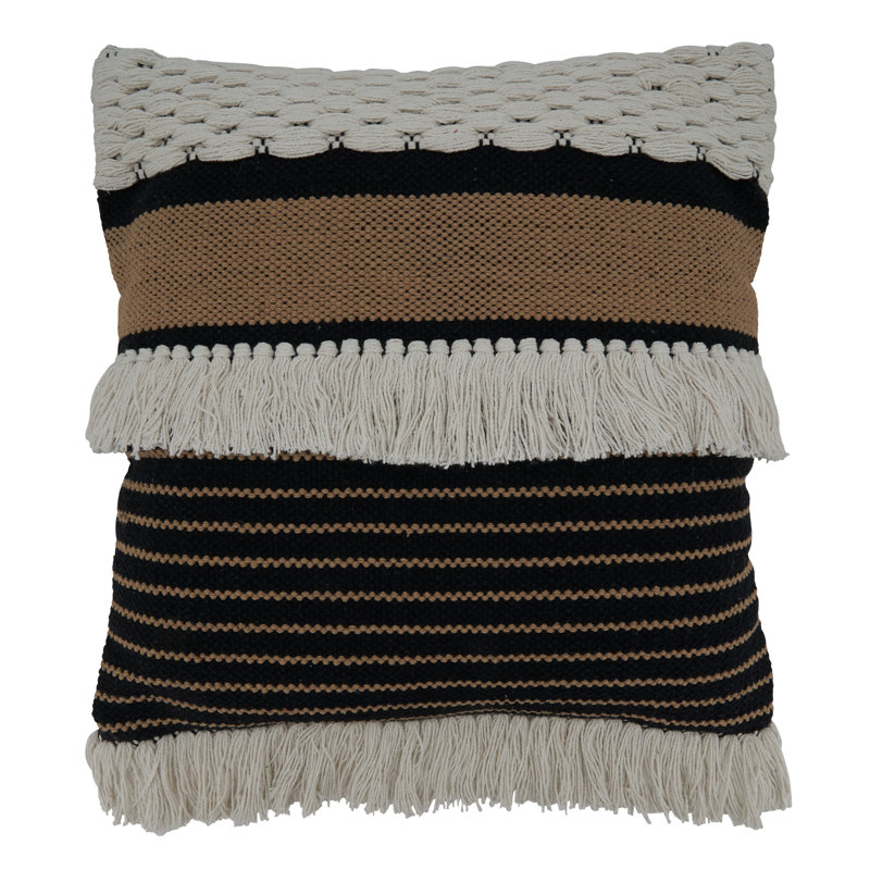 20" Black & White Cotton Fringe Woven Throw Pillow