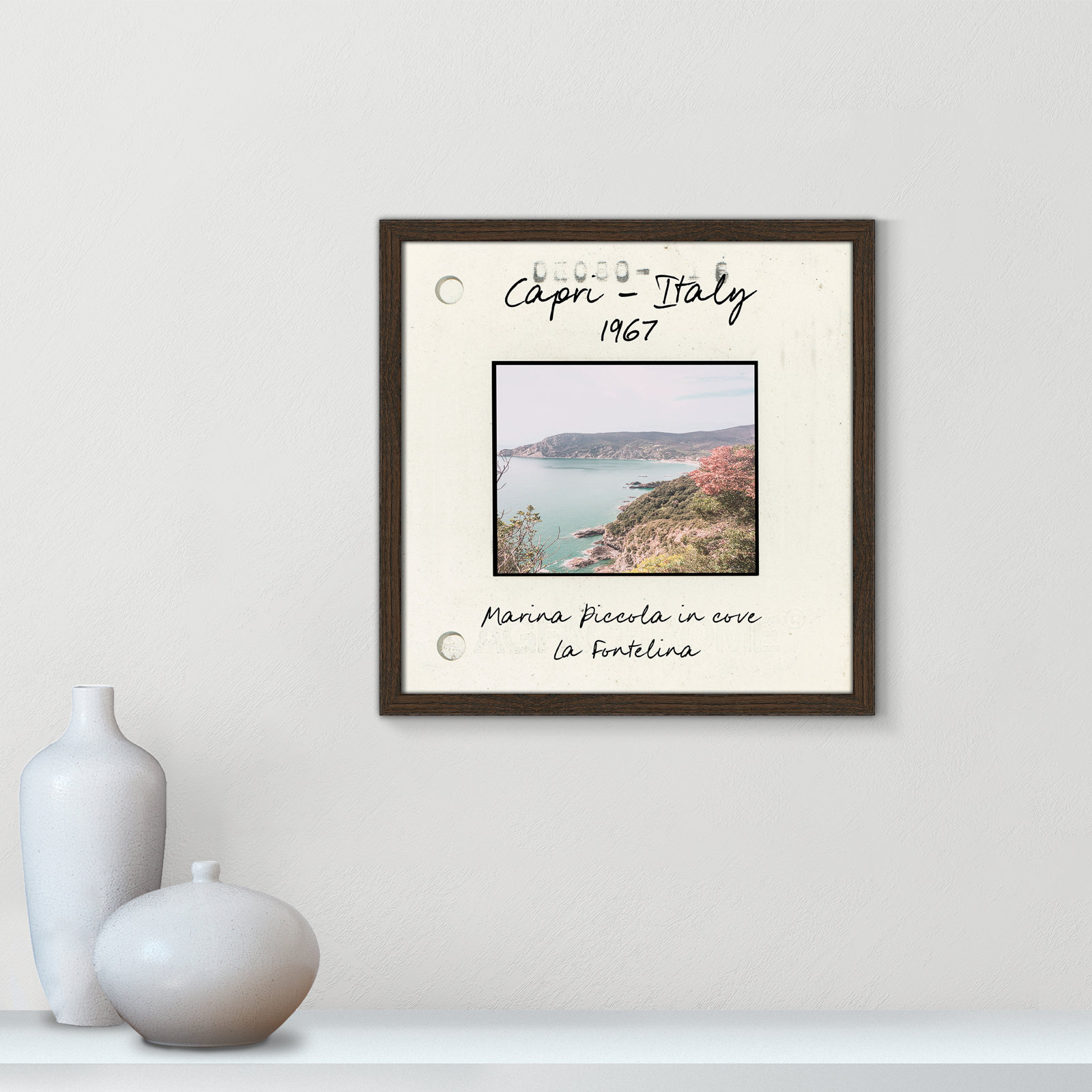 Travel Slide Collection "Capri, Italy - Marina Piccola" Print, 17" H x 17" W x 0.75" D, Walnut Single Picture Framed Paper