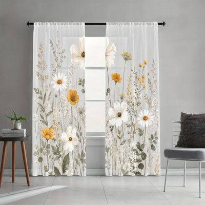 2PCS Wildflower Meadow Botanical Floral Light Filtering Curtains, Spring Summer Easy Hang Rod Pocket Window Treatments for Living Room, Bedroom and Dormitory