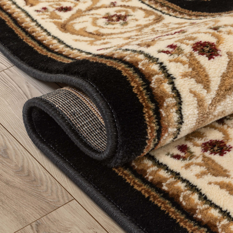 Tapis traditionnel noir Charlton Home® Doykos Fleur De Lis, Rectangle 5 pi 3 po x 7 pi