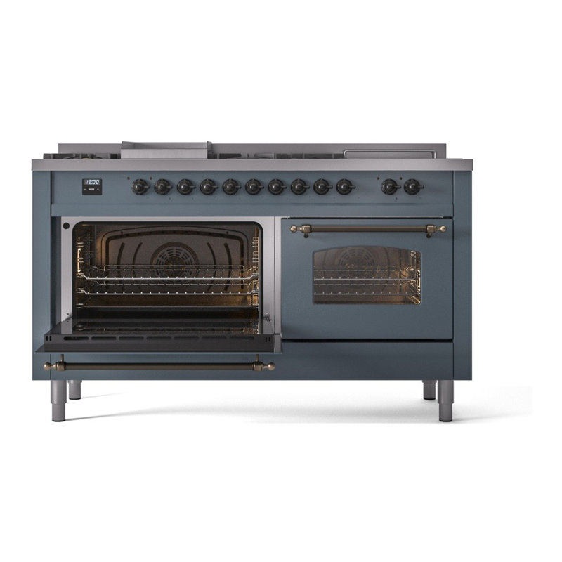 ILVE Nostalgie II 60 Dual Fuel Range, 5 Burners, Griddle, Frenchtop , Natural Gas, Blue/Gray/Bronze