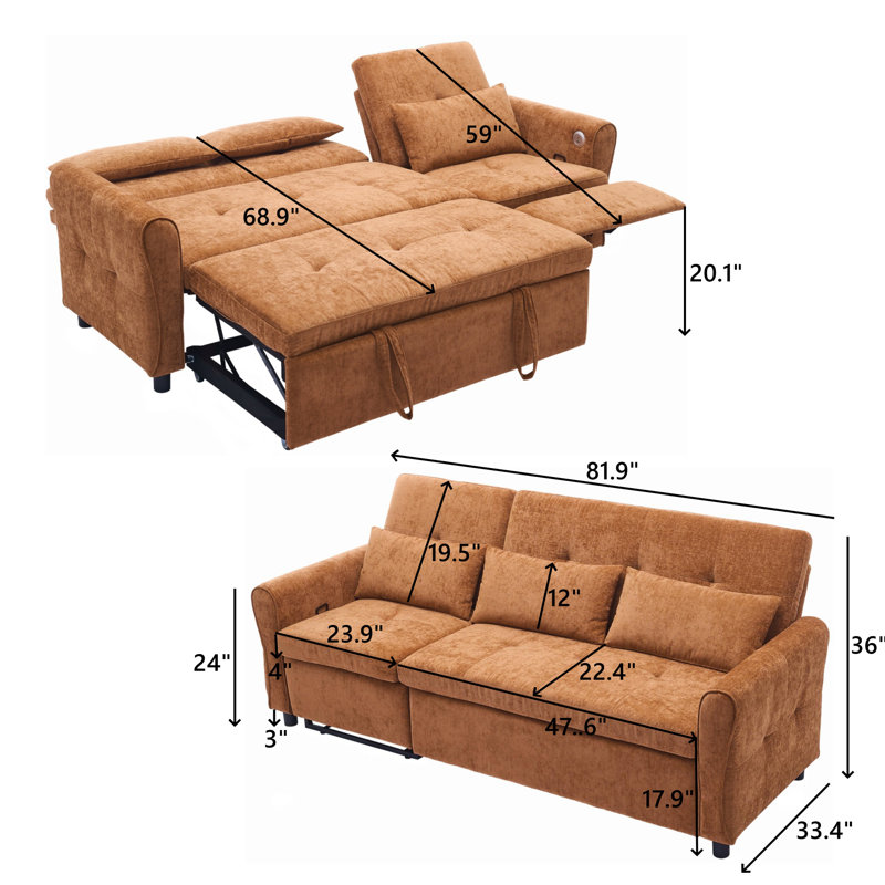 Canapé convertible 81,9 po avec fauteuil inclinable, Orange