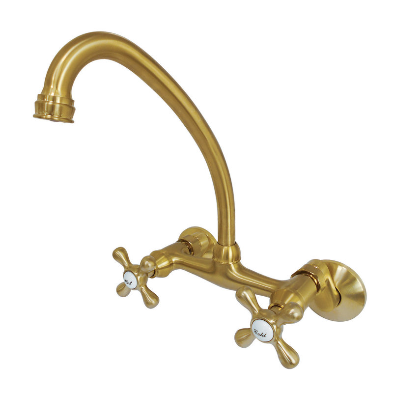 Kingston Brass Kingston Double-Handle 2-Hole Wall-Mount Bridge Kitchen Faucet, Satin Brass