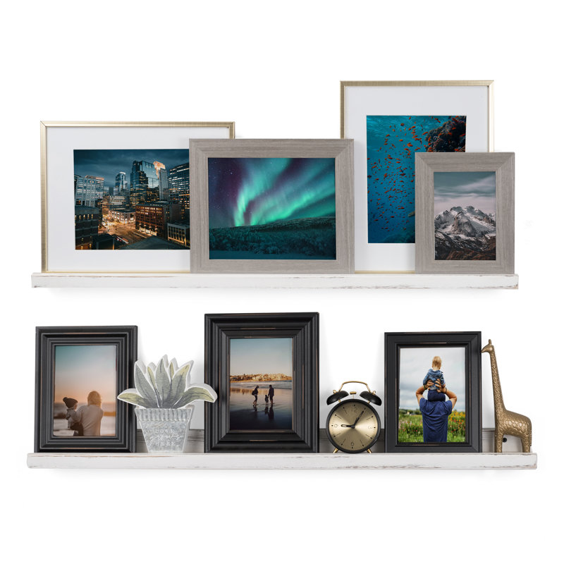 Tablette murale 2 pièces en bois massif Kemmentn, Blanc brûlé, H 2 po x l 36 po x P 3,4 po