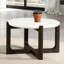 Ensemble de table 3 pièces de style transitionnel 1 table de cocktail 42 po 1 table de cocktail 25 po 1 table de bout avec plateau en pierre et en bois, tablette inférieure inférieure, base en tréteaux, finition noyer foncé
