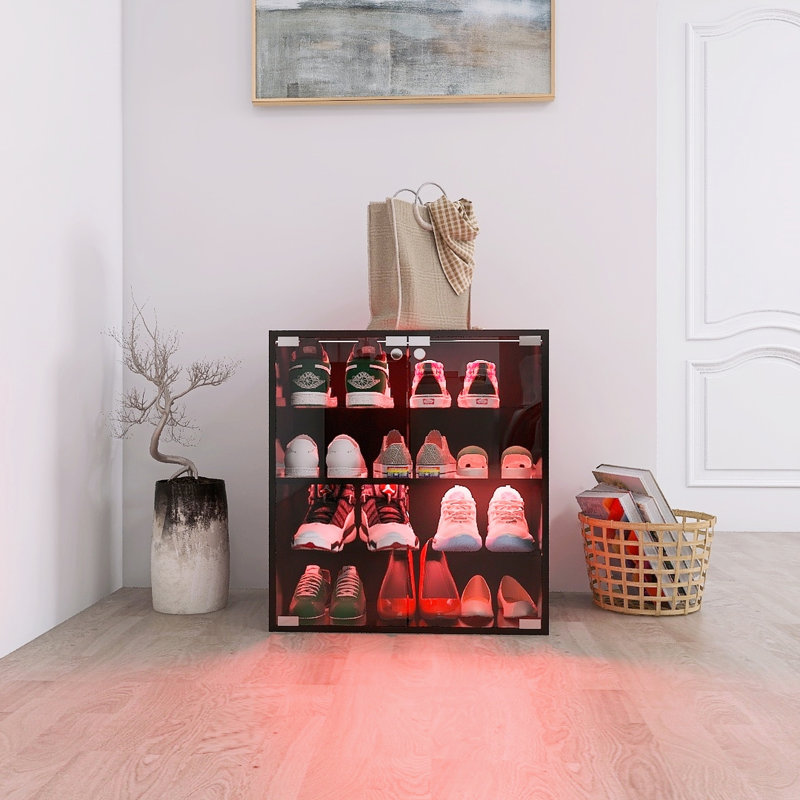 Armoire à chaussures noire à 4 couches avec porte en verre, DEL et contrôle, tablettes réglables pour espace de vie moderne et espace, 3 à 4 espaces