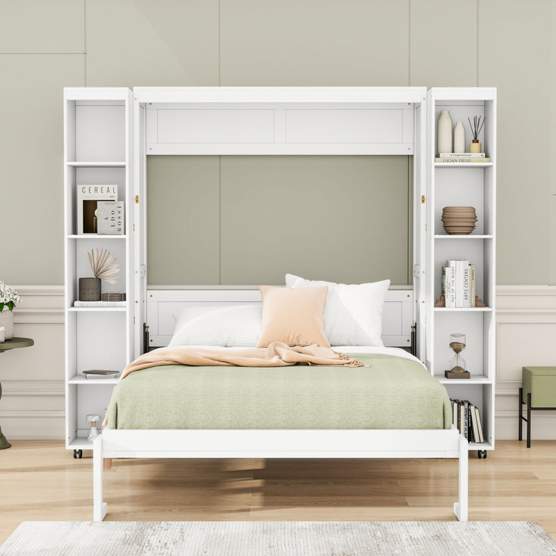 Grand lit escamotable mural avec deux armoires pliables, White