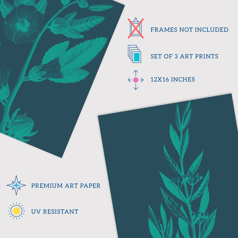 Teal Turquoise Leaves Plant Frond And Tree Blooms Botanical - 3 Piece No Frame Print Set, 40.5cm H x 30.5cm W x 0.3cm D
