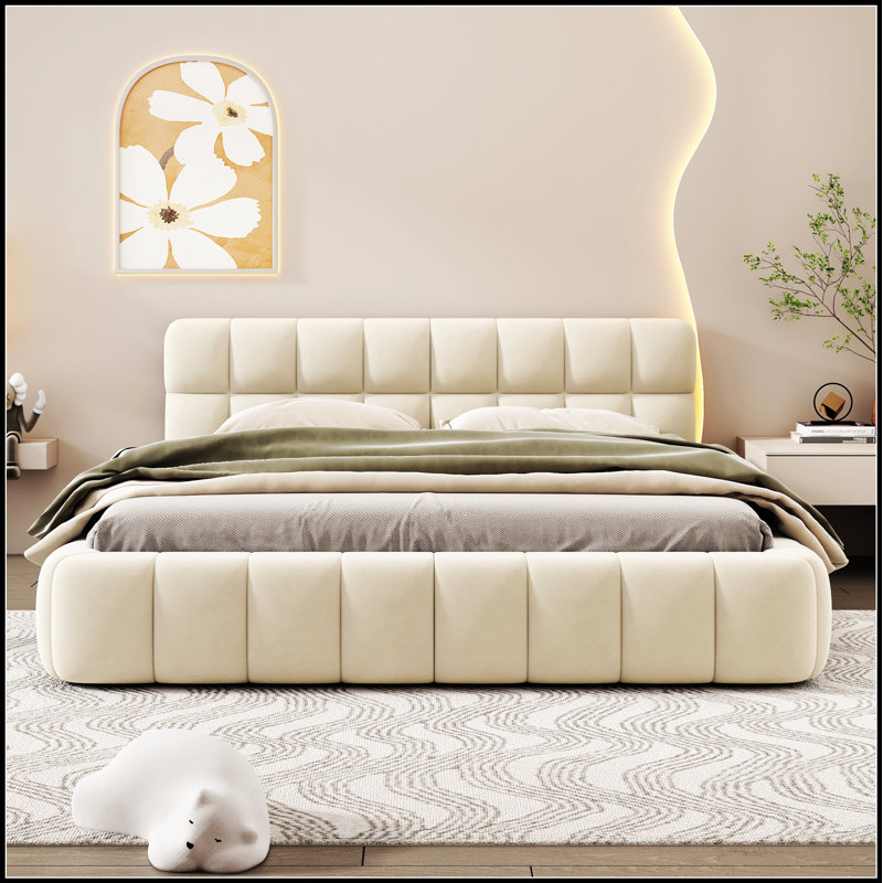 Lit plateforme tapissier avec tissu épais, structure solide pour la durabilité et le confort, idéal pour les chambres à coucher modernes