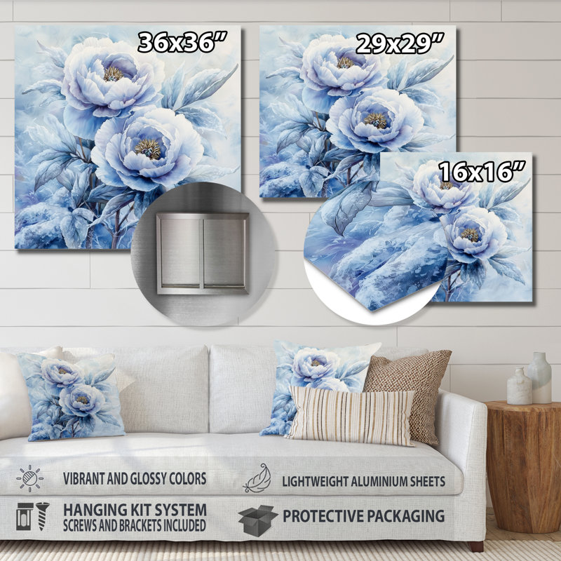 Pivoine bleue glacée dans le givre I - pivoines, art en métal, H 16 po x l 16 po