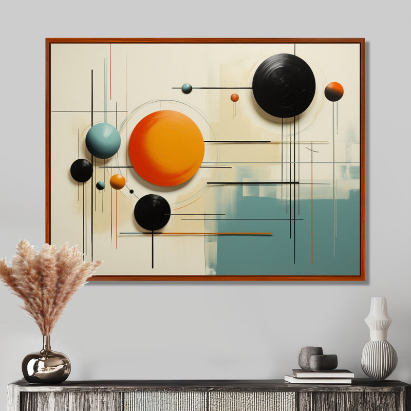 Décoration murale géométrique circulaire gris pastel orange - Mid-Century, Toile avec cadre flottant brun