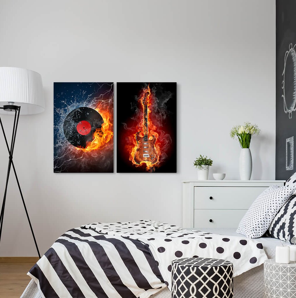 2-tlg. Leinwandbilder-Set - Grafikdruck „Electric Guitar Flamen Fire Hot Music Rock Chess Piece”