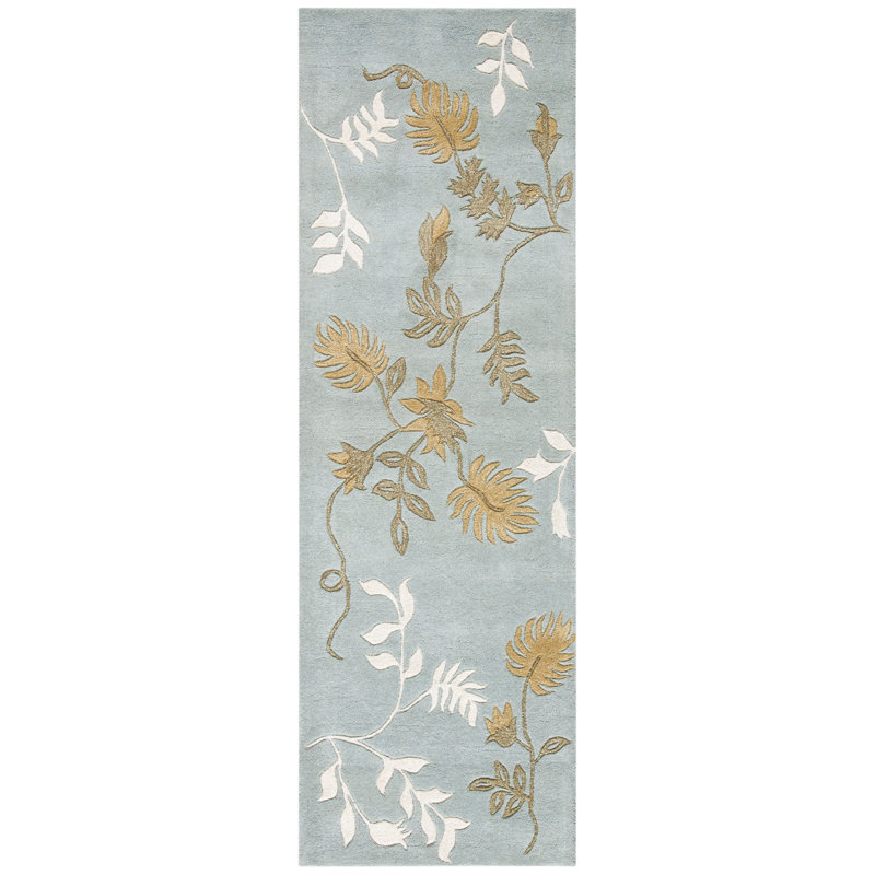 Candelo Hand Tufted Wool/Viscose Floral Rug in Light Blue/Ivory/Green, Runner 2'6" x 14'