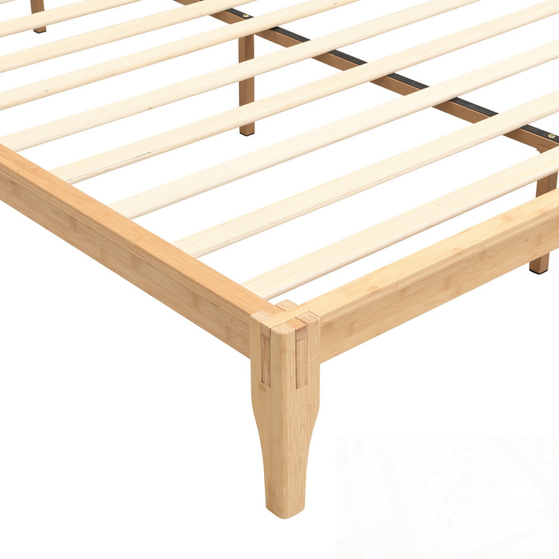 Lit plateforme double en bois avec pieds robustes en bois, Naturel