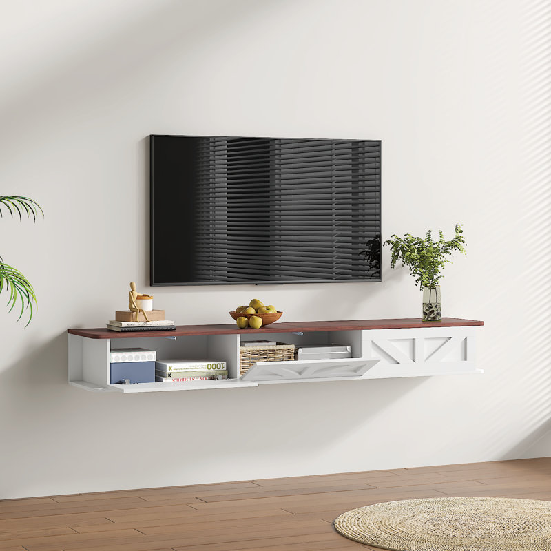 Meuble télé flottant Farmhouse, Blanc / Brun, 7.87" H x 62.99" W x 11.81" D