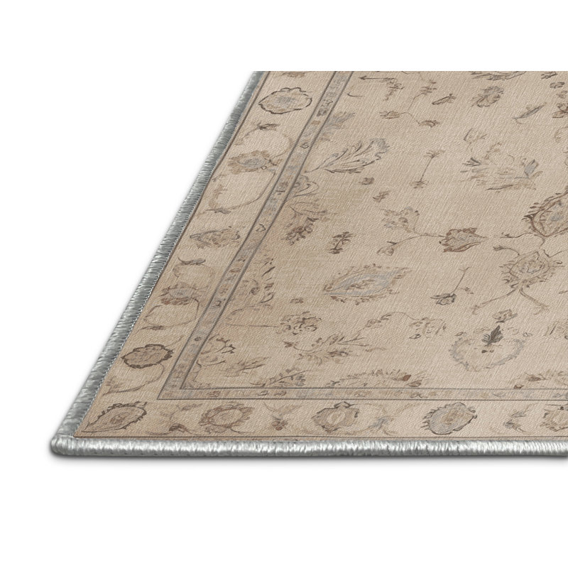 Machine Washable Tabriz Beige Area Rug, Round 5'