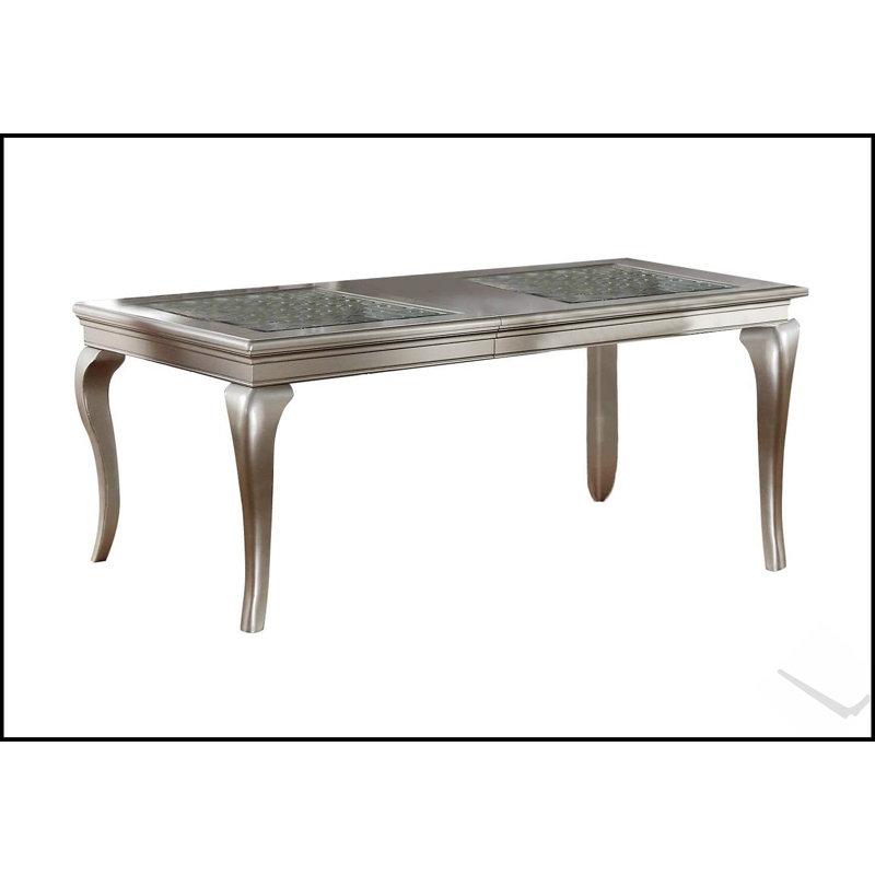 Table de salle à manger rectangulaire traditionnelle avec teinte argentée et insert en verre, durable et élégante pour toute salle à manger
