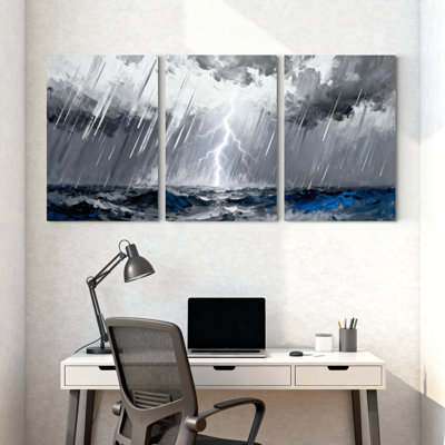 Scénario et paysages urbains, mer orageuse, foudre, pluie, nuages, vagues, ciel, réflexion, ensemble de 3 impressions sur toile