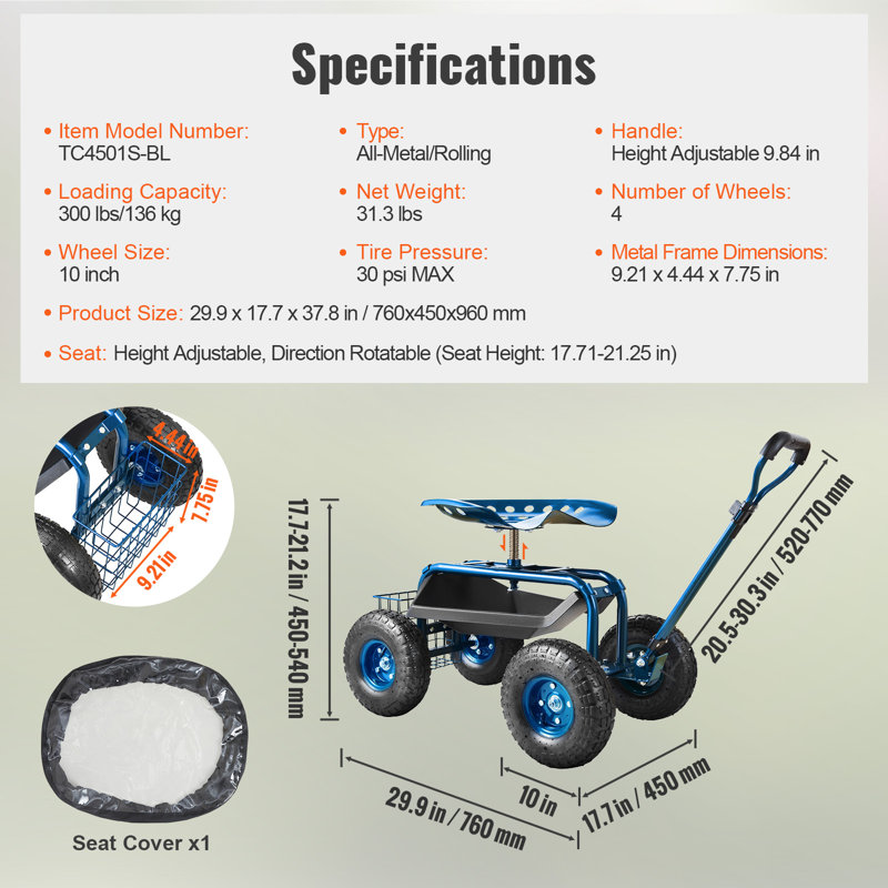 Blue Steel Rolling Garden Work Seat with Swivel and Storage