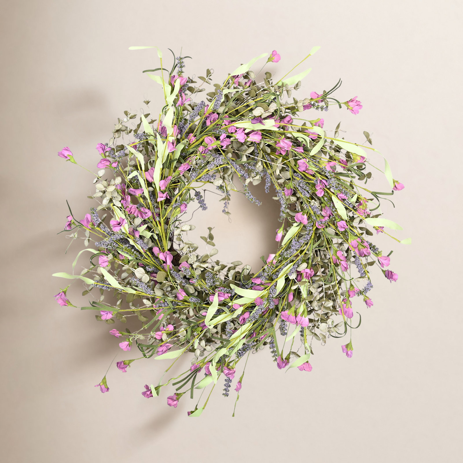 26" Spring Summer Mini Eucalyptus Front Door Wreath, Green/Purple