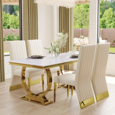 5 Piece Luxury And Stylish Dining Table Set With 4 Leather Dining Chairs