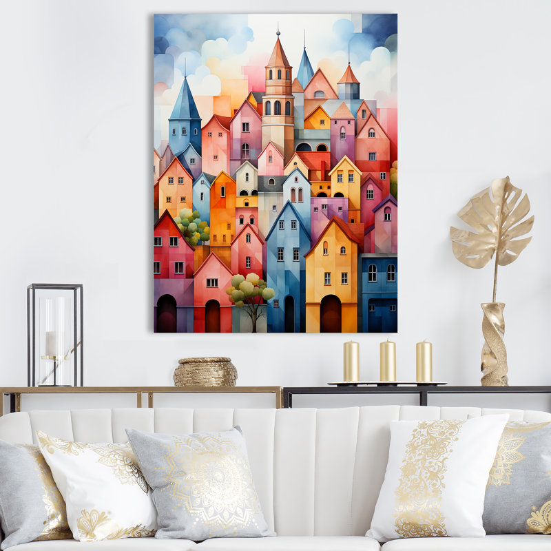 Village arc-en-ciel coloré, H 32 po x l 24 po x P 1 po, Toile tendue